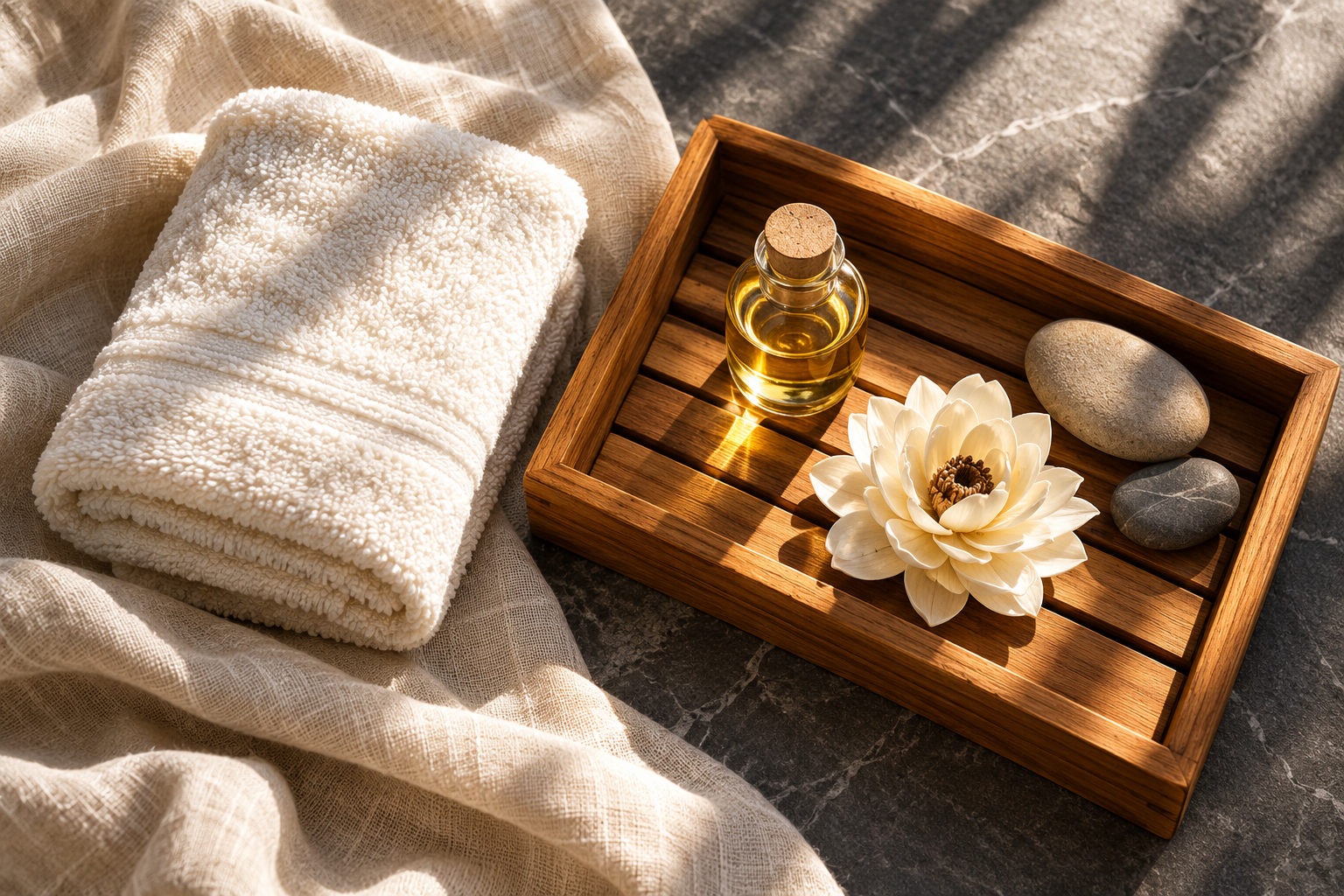 香薰精油、毛巾與石頭的 SPA 細節