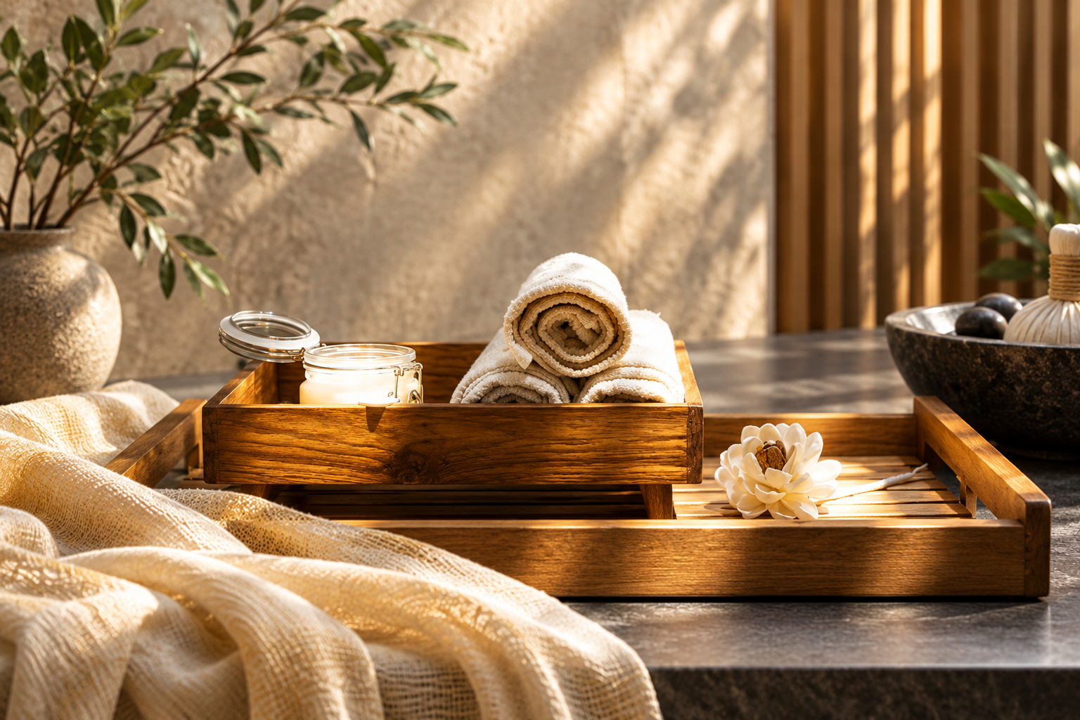 毛巾、木托盤與白花的香薰 SPA 靜物